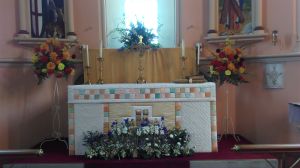 The altar arrangements,pedestals by Pam Cornwell