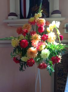 Dahlia arrangment by the Altar by Pam Cornwell