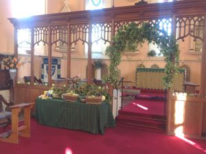 The screen decorated for Harvest Festival